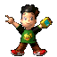 A cartoon character in green shirt and brown pants performs various poses holding a yellow-blue device against gray background.