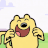 A 4-frame animated contact sheet showing a yellow cartoon character with closed eyes and an open mouth in various running poses against a green grass and blue sky background.