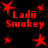 Red text reading 'Ladii Smokey' appears in four quadrants on a black background, surrounded by red star shapes.