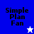 A 4-frame contact sheet of a Simple Plan Fan buddy icon with pixelated text and star symbols on blue, purple, white, and light purple backgrounds.