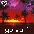 Animated contact sheet showing two frames of a surfing-themed buddy icon with pixelated sunset background, heart symbols, and text "go surf" at the bottom.