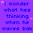 Purple background with blue text repeating 'i wonder what hes thinking when he waves bak' and scattered pink stars, one gray rectangle in bottom-right corner.