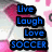A pixelated image of a soccer ball with pink accents and blue text reading Live Laugh Love SOCCER.