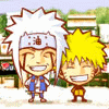 Two chibi-style anime characters with spiky hair stand side-by-side against a blurred urban background, one with white hair and the other with yellow hair.