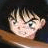 A 48x48 pixel buddy icon featuring a split composition with an anime-style character on the left and stylized text on the right against a black background.