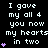 A static digital image displays repeated text and purple heart symbols on a black background with white pixelated font.