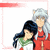 Two anime-style characters stand side-by-side against a black background with white text; one has silver hair and red clothing, the other dark blue hair and green-and-white attire.