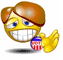 Animated yellow emoji with brown hair, blue eyes, and a wide grin holding a red-white-blue striped ball while waving its right hand.