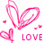 Five hand-drawn heart shapes in pink, rainbow gradient, blue, light pink, and black with 'LOVE' text beneath each on white background.