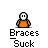 Animated contact sheet of pixel art buddy icons featuring orange-shirted characters with white faces, some showing large grinning mouths and others interacting with smaller brown-haired figures, all labeled "Braces Suck" or "BRACES ARE FOR NERDS!" in text bubbles.