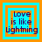 Four identical pixelated text arranged in a , each displaying 'Love is like Lightning' with layered orange and cyan borders