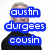 A static image shows a person with gray hair wearing black clothing, overlaid with blue and red text blocks containing names.