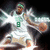 A basketball player in a white uniform with green number 9, holding a ball and wearing a green headband against dark background.