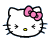 Pixelated static icon of a white cat face with black outlines, pink bow, and yellow nose on gray background.