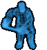 Blue wireframe human figure in various dynamic poses on gray background, animated sequence showing movement transitions.