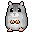 Pixel art contact sheet showing five frames of a gray hamster character in various poses with pink accents and brown hands, displayed on a solid gray background.