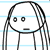 Pixelated cartoon face with large circular eyes, a straight mouth line, and long thin hair strands extending from the top of the head against a white background.