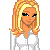 Pixel art character with blonde hair, green eyes, white button-up shirt, dark blue jeans; text reads 'hugs 'n kisses!' and 'xoxo' in pink.