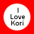 Four identical circular white icons on red background, each containing black text "I Love Kori" with vertical line above "I".