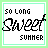 A 5x5 contact sheet of animated frames showing a pixelated text-based icon with "50 LONG" above "SWEET SUMMER" in black, surrounded by light green borders and pink flower accents on white backgrounds that fade to gray transparency across the sequence.
