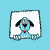 Blue cartoon dog with black ears and red tongue peeks from white square, showing multiple expressions and head movements against light blue background.