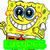 Yellow sponge character with large blue eyes and wide grin, wearing white shirt, brown pants, red tie, and orange shorts, standing against white background with green, blue, and yellow text bars below.