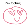 A static image shows a pink outlined cloud-shaped figure with heart eyes and a smile, above which is text reading "i'm feeling..." in black lowercase letters.