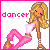 Pixel art contact sheet of a dancing female character with blonde hair, pink pants, and brown shoes across seven animated frames showing sequential dance poses.