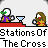 A 4x4 contact sheet of pixel art frames depicting a Stations of the Cross animation with religious figures, crosses, and symbolic actions in a retro video game style.
