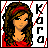 Pixelated 48x48 AIM buddy icon featuring a cartoon woman with long brown hair, red headband, and red top against white background with black text "KARA" on right side.
