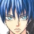 Pixelated close-up of a character with blue hair and light blue eyes, showing a neutral expression against a blue background.