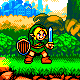 Pixel art character with blonde hair and blue eyes stands on green grass holding a brown shield and blue sword, background features pixelated trees and distant cityscape.