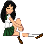 Pixel art of a character in school uniform with green pleated skirt, white shirt, and brown shoes sitting cross-legged on gray background.