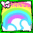 Pixelated rainbow with white clouds, pink text above the arc, and a small heart-shaped icon in the top-left corner.