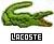 Green pixelated crocodile icon with open mouth, positioned above black-and-white text reading 'LACOSTE' on white background.