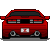 Pixelated red car viewed from rear with dark tinted windows, dual exhausts, and a white license plate featuring two red X-like symbols.