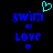 Pixelated blue text 'swim to love' with cyan heart above and blue heart below on black background, two identical frames side-by-side.