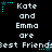 Pixelated text displays 'Kate and Emma are best friends' with cyan star accents on a black background, repeating in three