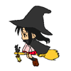 A witch character on a broomstick with four distinct poses showing head and body orientation changes.