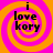 Four identical display a bright pink and orange spiral background with black text reading "i love kory" in a pixelated font