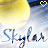 Yellow rounded shape with blue text 'Skylar' on a light background, featuring small black dots and yellow heart symbols in the corners.