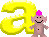 Two pixelated cartoon characters with pink mohawks stand in front of large yellow 3D numbers, one character has a black belly button and the other has a red belly button.