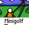 Animated contact sheet of a pixelated minigolf game showing character swings, golf balls, and holes across multiple frames with consistent "Minigolf" text labels.
