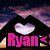 Pixelated icon with pink text 'Ryan' over a black background, heart symbol above text, and purple-pink gradient sky with orange-yellow ground elements.