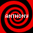 Four identical red and black spiral patterns arranged in a , each containing the text 'ANTHONY' in white pixelated font