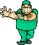 Pixelated cartoon character in green scrubs and cap extends right arm forward with open hand, left arm bent across chest, standing on gray background.