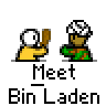 Pixel art animation of two figures: one in yellow shirt holding a brown object, the other in green patterned clothing with white head covering. Text labels read "Meet Bin Laden" below each pair.