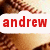 A static icon with a white horizontal banner displaying red pixelated text 'andrew' against a blurred background of brown and beige tones.