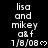 Black background with white pixelated text reading 'lisa and mikey a&f 1/8/08' followed by a heart symbol, repeated in three