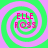 Four identical spiral patterns with alternating green and pink rings, each containing 'ELLE ROSS' text in red pixelated font on a solid background.